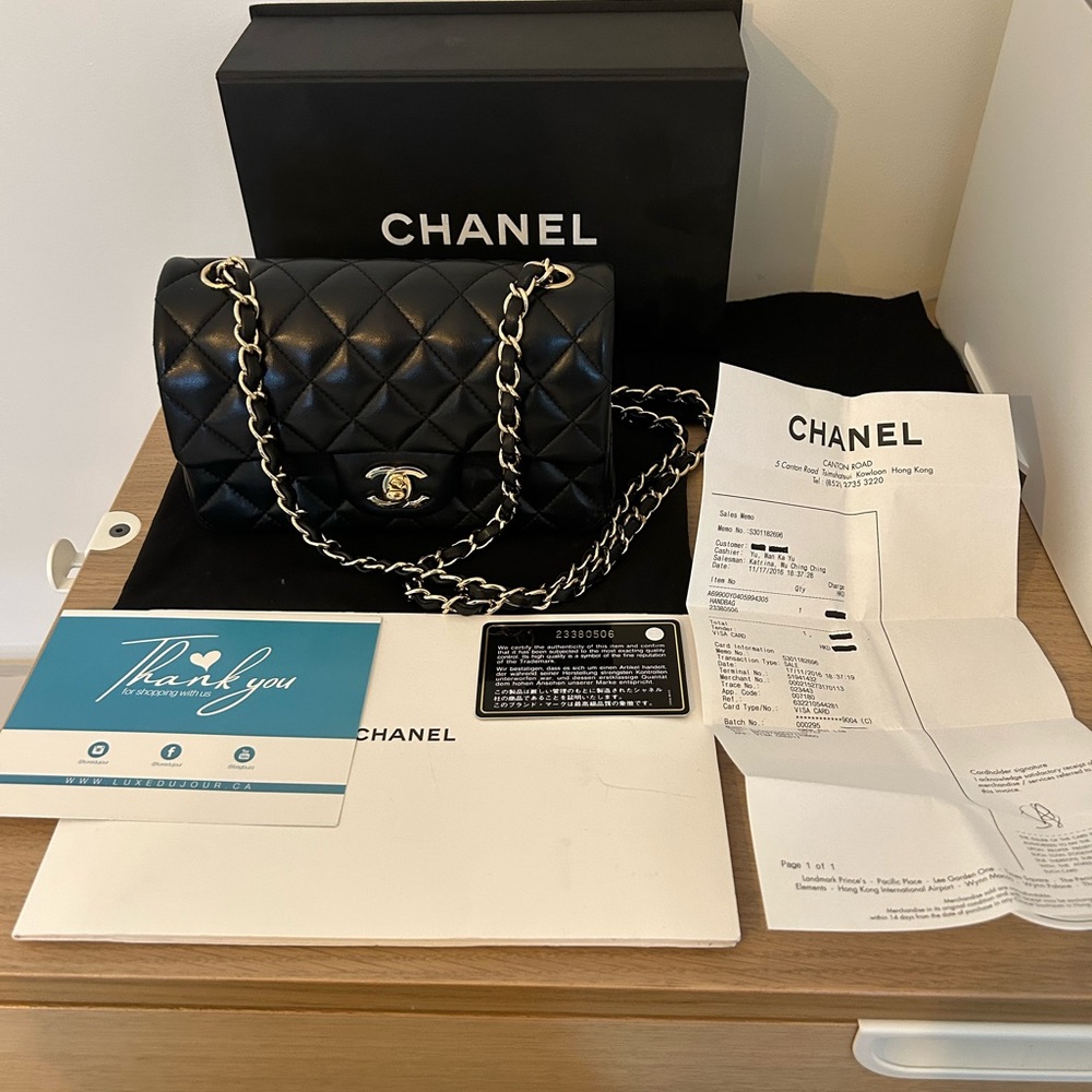 Chanel mini rectangular classic flap black lambskin gold hardware